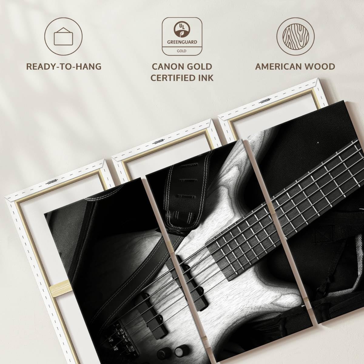 ElephantStock - Monochromatic Bass Guitar Wall Art - Horizontal Multi Panel Canvas - 3 Piece Living Room Wall Decor - Photography Music Multi Piece Wall Art - Black And Gray Decor - 74