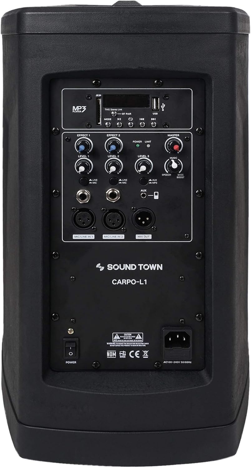Sound Town Portable Line Array Column PA/DJ System with Sub Bass Module, TWS Bluetooth, Built-in 3-Channel Mixer, Carry Bag (CARPO-L1)