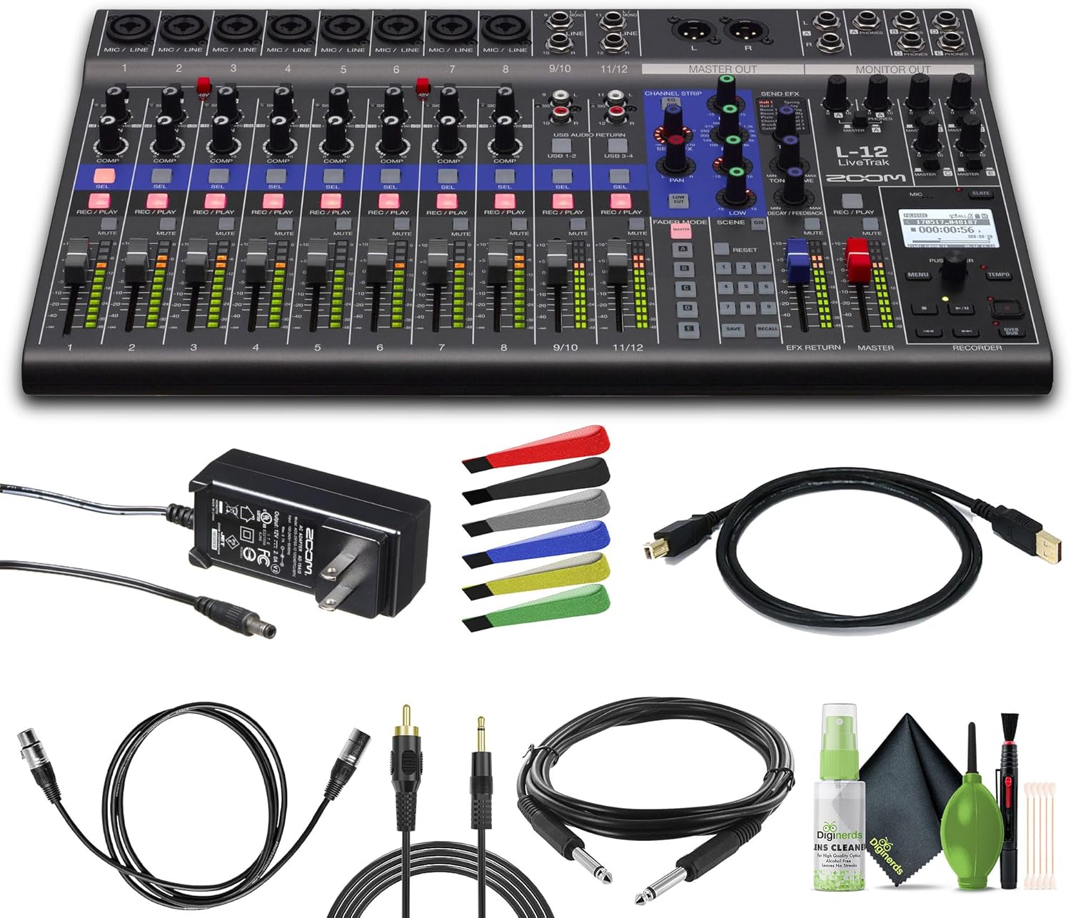 Zoom LiveTrak L-12 Digital Mixer & Multitrack Recorder, for Music, Podcasting, 12-Input/ 14-Channel SD Recorder, 14-in/4-out USB Audio Interface, 5 Powered Headphone Outputs Bundle With Accessories