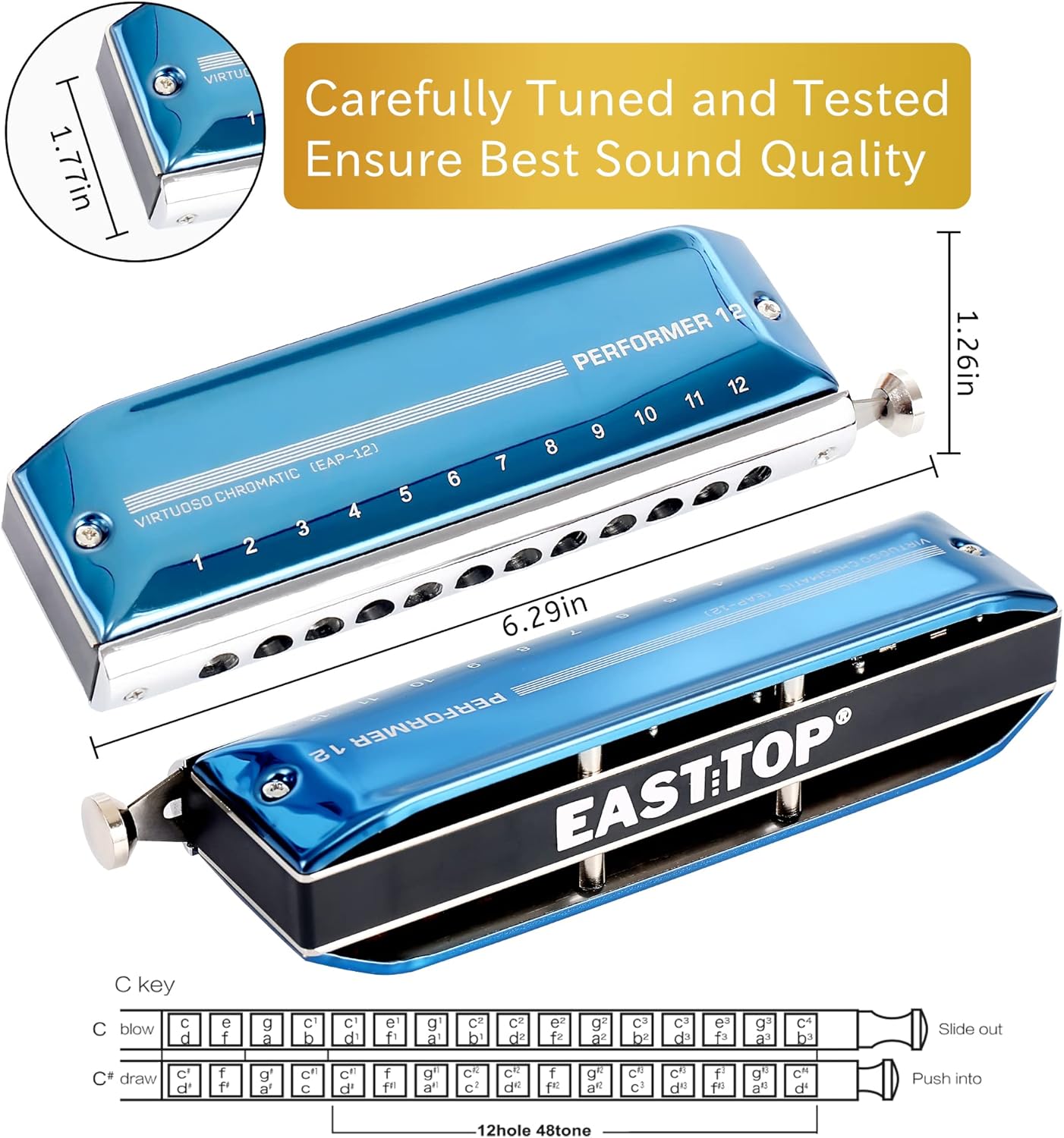 East top Chromatic Harmonica, 12-Hole 48-Tone Key of C, ABS Comb, Phosphor Bronze Reed, Blue Cover (EAP-12)