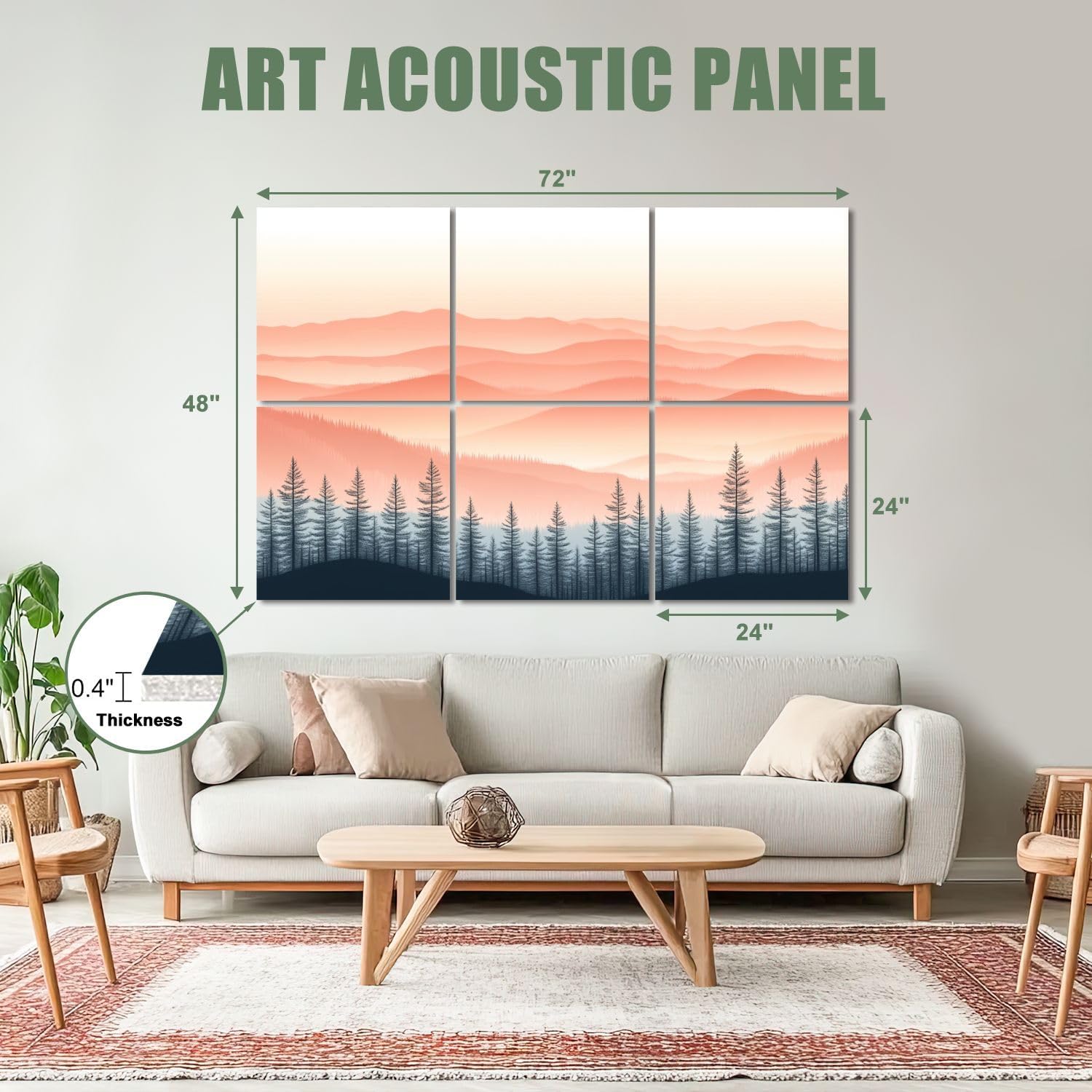 6 Pack Art Acoustic Panels Sound Absorbing Chinoiserie Sunset Luxury And Elegance Mountains Forest Trees Mist Decorative Soundproof Wall Panels Self Adhesive for Recording Studios Office 72