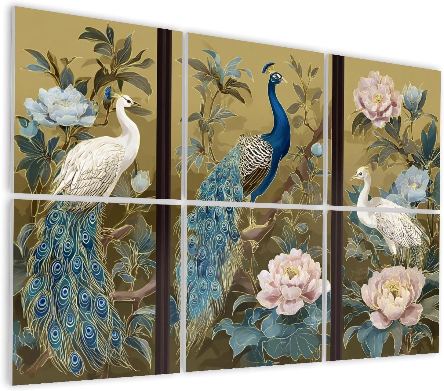 6 Pack Art Acoustic Panels Self Adhesive Folding screen chinoiserie style peacock peonies golden Decorative Soundproof Wall Panels Sound Absorbing Panel 48