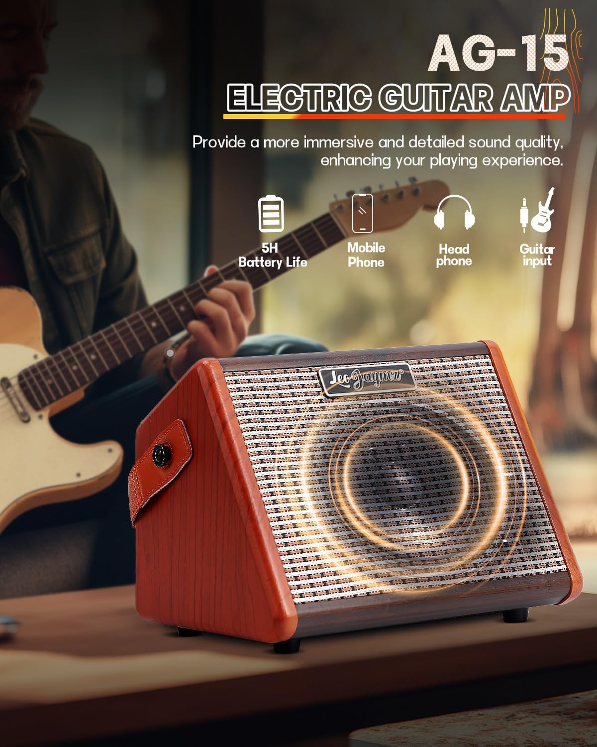 Leo Jaymz 15W Portable Electric Guitar Amp with BT, Rechargeable Battery, Built-in Effects Reverb, Overdrive, EQ, Woodgrain Finish, and 6.35mm Headphone Jack (AG-15)