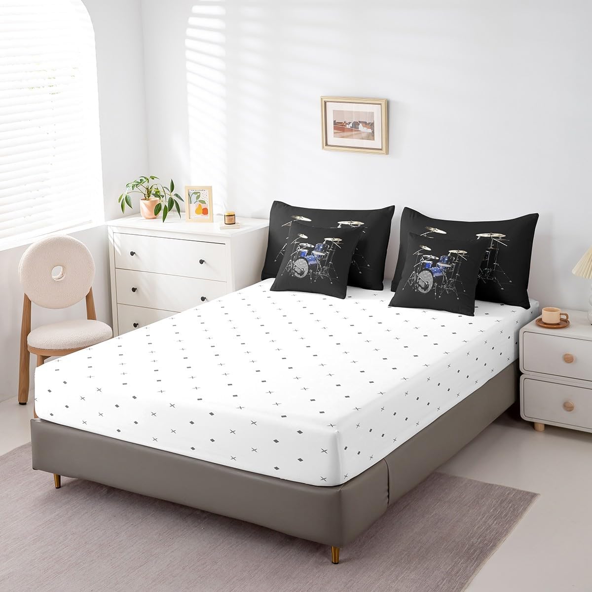 Feelyou Queen Comforter Set 7 Pcs Drum Kit Bed in a Bag for Girls Boys Children Rock Music Themed Bedding Set Modern Musical Comforter Instruments Print Bed Set with Sheets, Pillowcases, Pillow Covers