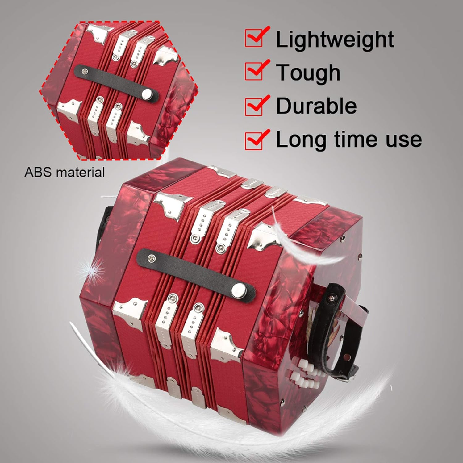 Professional Concertina, 20 Buttons Accordion with Strap and Carrying Bag Beginner Musical Instrument for Daily Practice Stage Performance(Red)