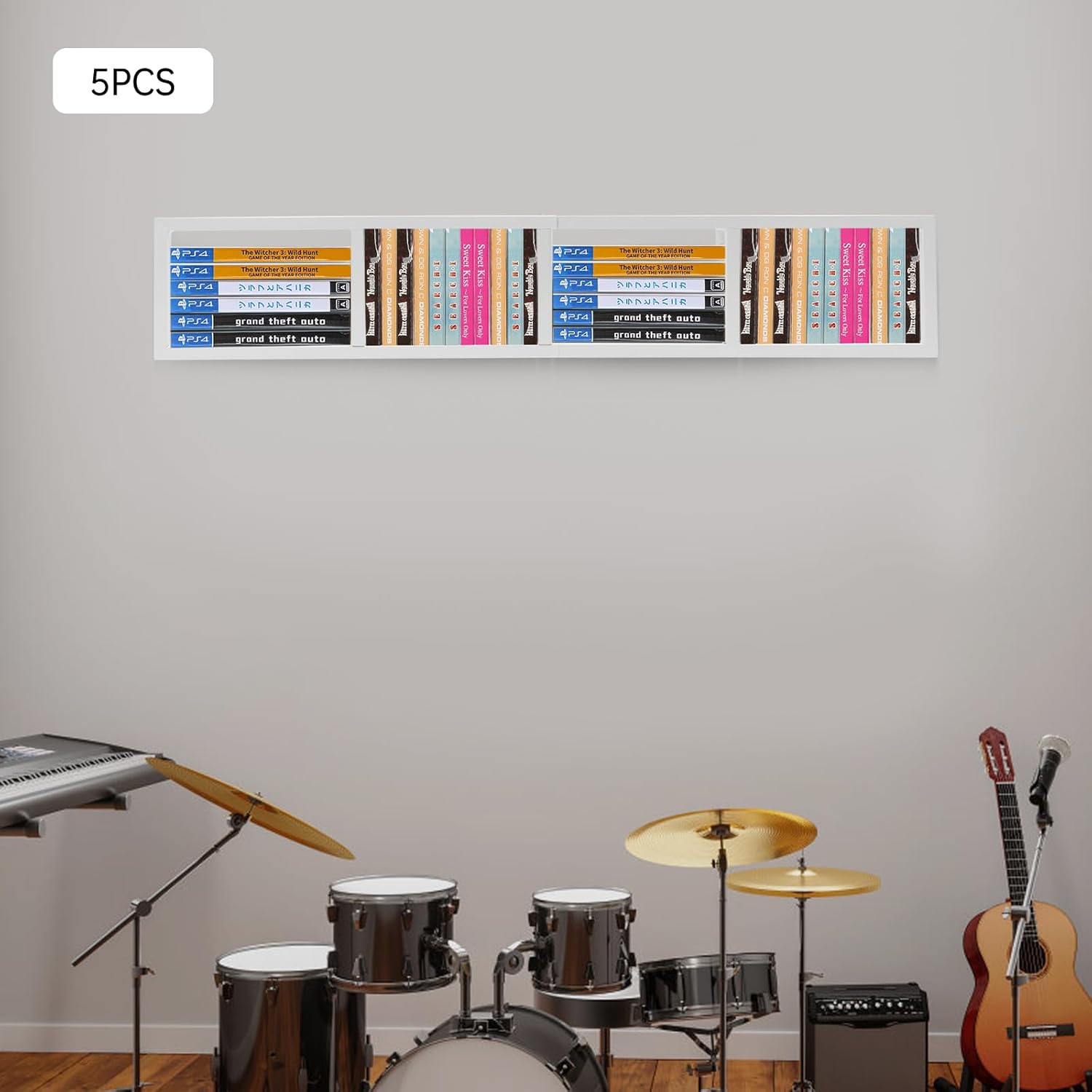 34-Inch Wall-Mount Media Storage Rack Set of 5, White Metal Floating Shelves for CD DVD Video Game Storage, Wall Organizer Cube Shelf for Home Office Bedroom Living Room