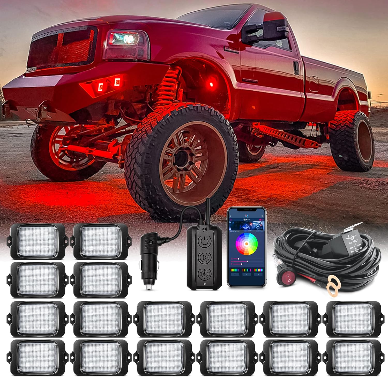 MICTUNING C3 Extensible RGBW Rock Lights Kit - 16 Pods Multi-Color Neon Underglow Lights with Bluetooth APP & Control Box, (Extensible Up to 32 Pods)