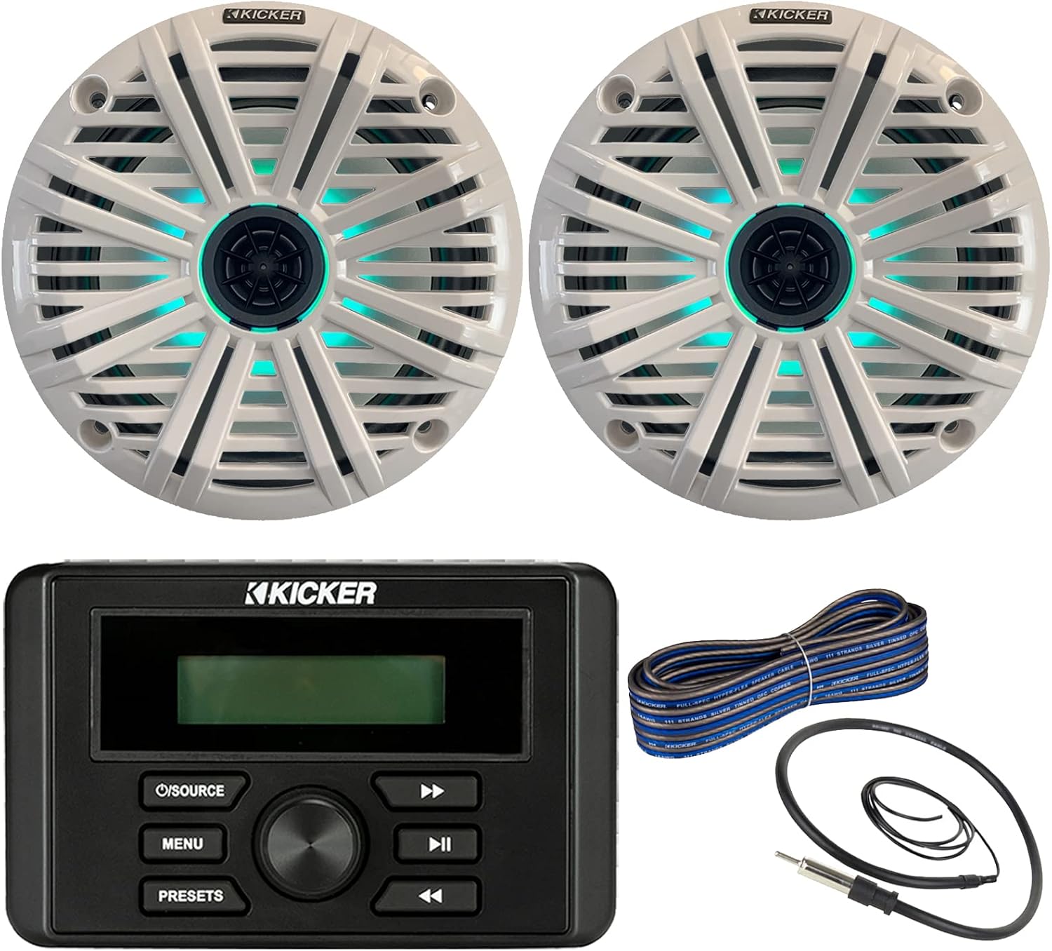 Kicker Weather-Resistant Marine Bluetooth USB RCA Stereo Receiver Bundle Combo with (QTY 2) 6.5