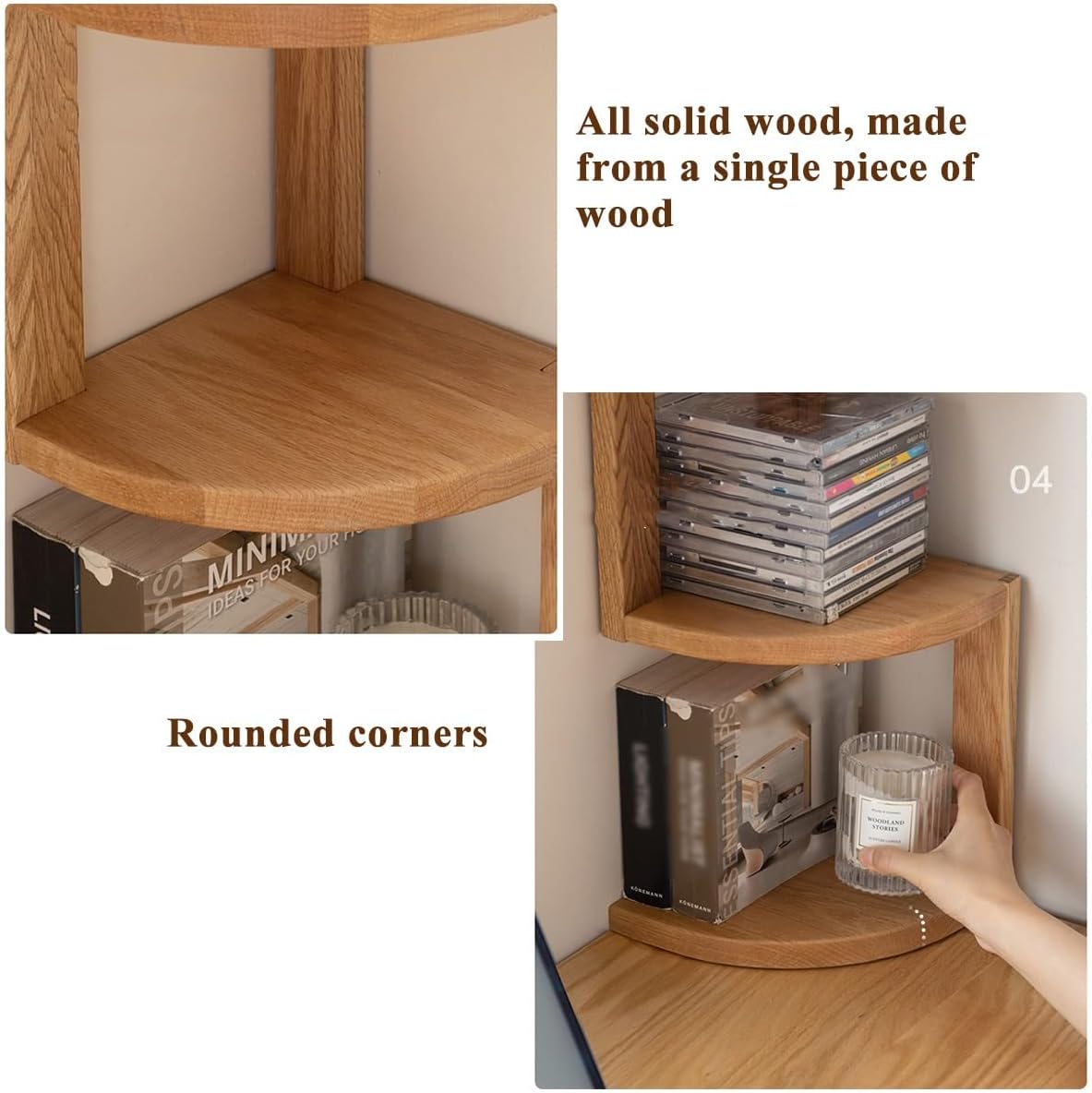 20x20x68cm Bow-Shaped Corner Bookshelf, Desktop Shelves Unit Small Bookcase, Versatile Shelving Corner Plant Display Stand All Solid Wood Rack (Walnut One Size)