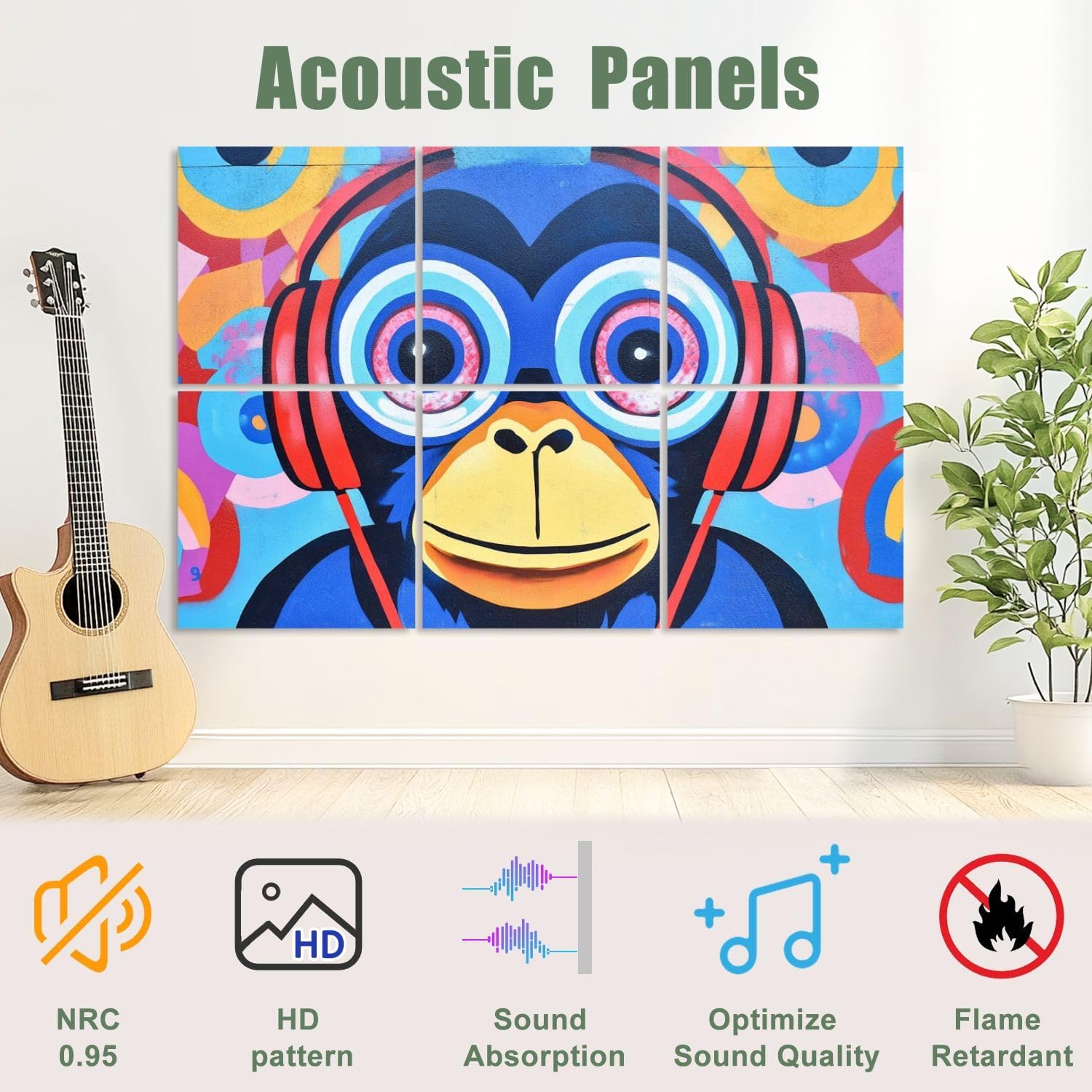 6 Pack Art Acoustic Panels Sound Absorbing Graffiti Monkey Headphones Street Pop Art Circular Patterns Large Eyes Decorative Soundproof Wall Panels Self Adhesive for Recording Studios Office 72