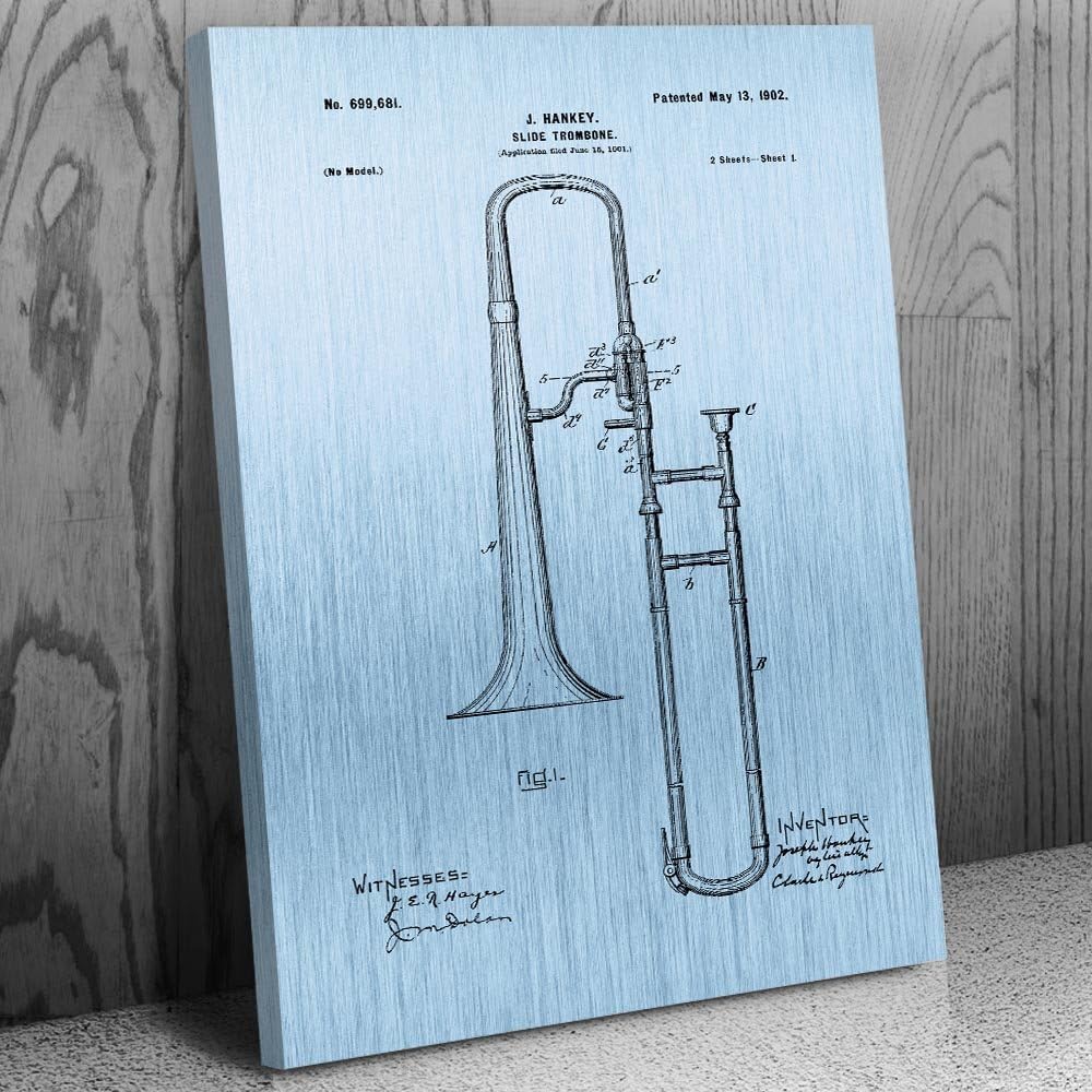 Patent Earth Slide Trombone Canvas Print, Horn Player Gift, Trombone Wall Art, Brass Band Gift, Trombone Design, Orchestra Art Blue Steel (12 inch x 16 inch)
