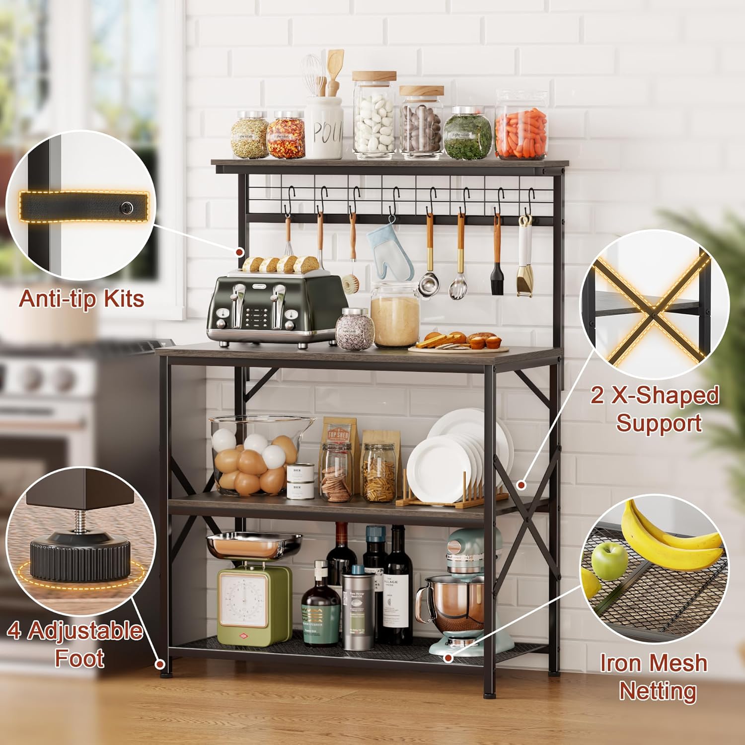 Furologee Kitchen Bakers Rack with Hutch,Coffee Stand with Storage 4 Tiers,Coffee Bar Station with a 31.5 Inch Larger Desktop and 8 S Hooks,Kitchen Microwave Rack for Spices,Pots,Rustic Brown