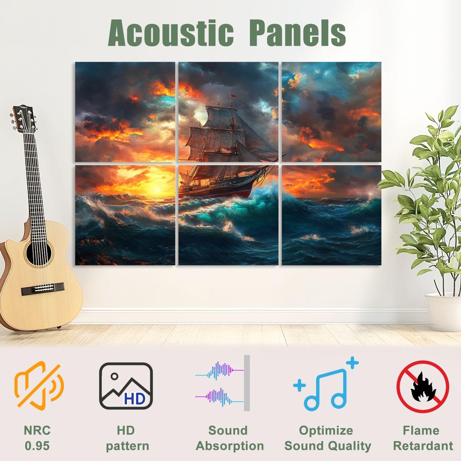 6 Pack Art Acoustic Panels Sound Absorbing Stormbound Sailing Ship Rough Sea Waves Dramatic Sky Sunset Clouds Oil Decorative Soundproof Wall Panels Self Adhesive for Recording Studios Office 72