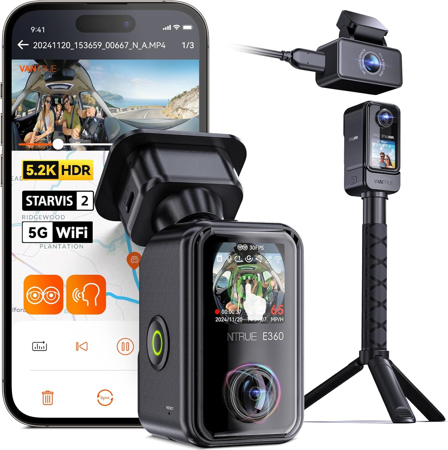 Vantrue E360 ACE All Channel Dash Cam, 585°, STARVIS 2, Front Inside Rear Full Coverage Dashcam with Selfie Stick Tripod, Fisheye, Dual IR Night Vision, Action Camera, Voice Control, GPS, Support 1TB