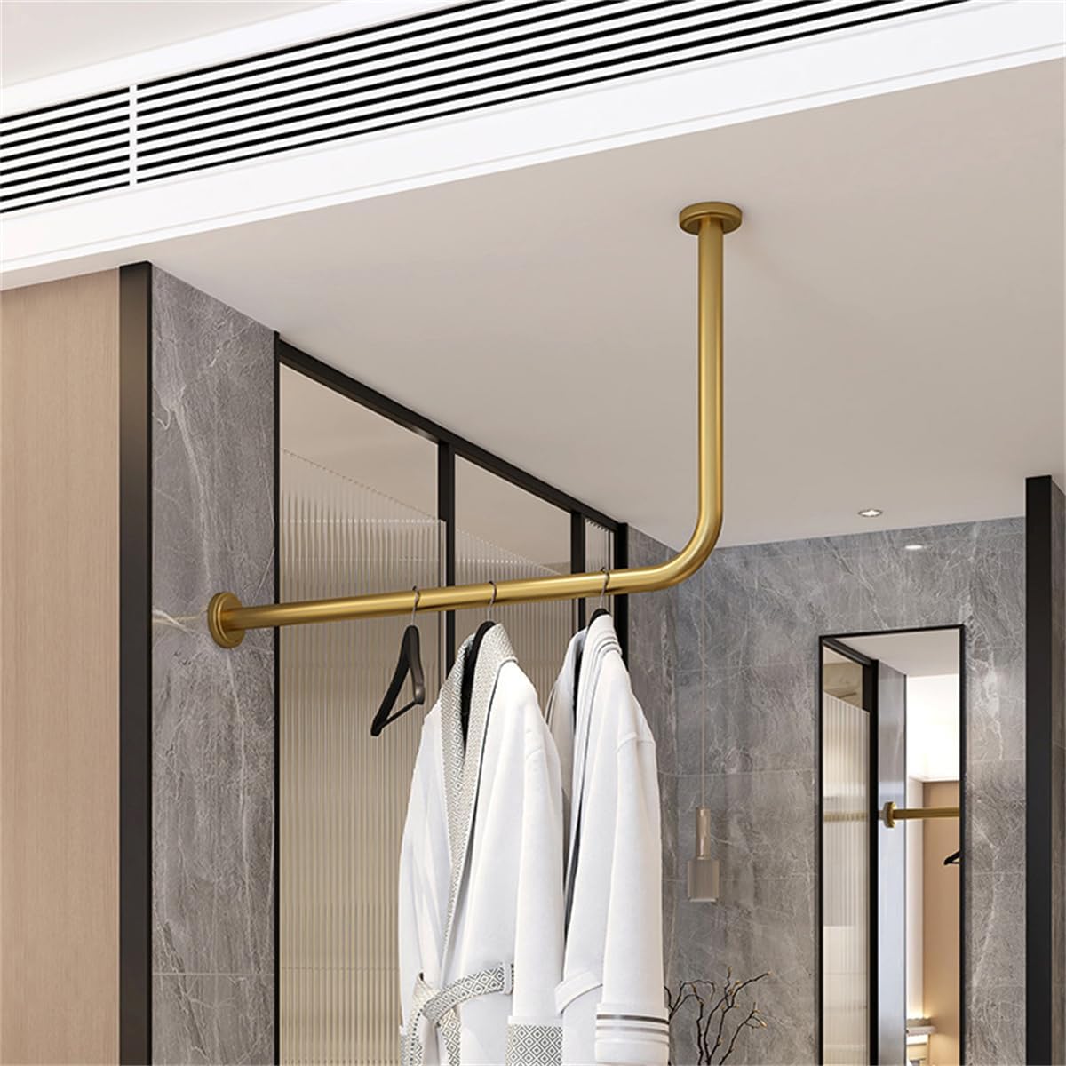 Wardrobe Assistant Corner Hanging Bar, Wall Mounted Corner Clothing Rack,Heavy Duty Industrial Pipe Garment Rack,Wardrobe Closet Organizer,for Office Entryway Bedroom,Gold,150x60cm