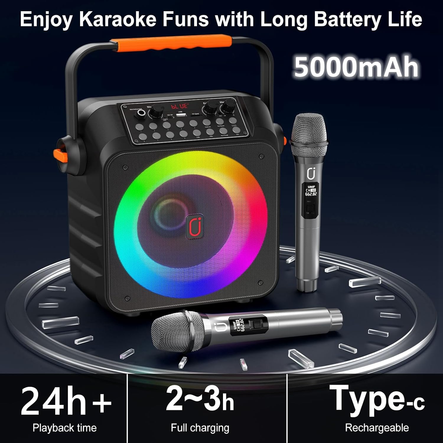 Karaoke Machine HWWR with 2 Wireless Microphones, Portable Karaoke Rechargeable for Adults and Kids, Bluetooth 5.3 Stable Speaker, PA System & DJ Lights for Home Singing Outdoor Party, Music Gifts