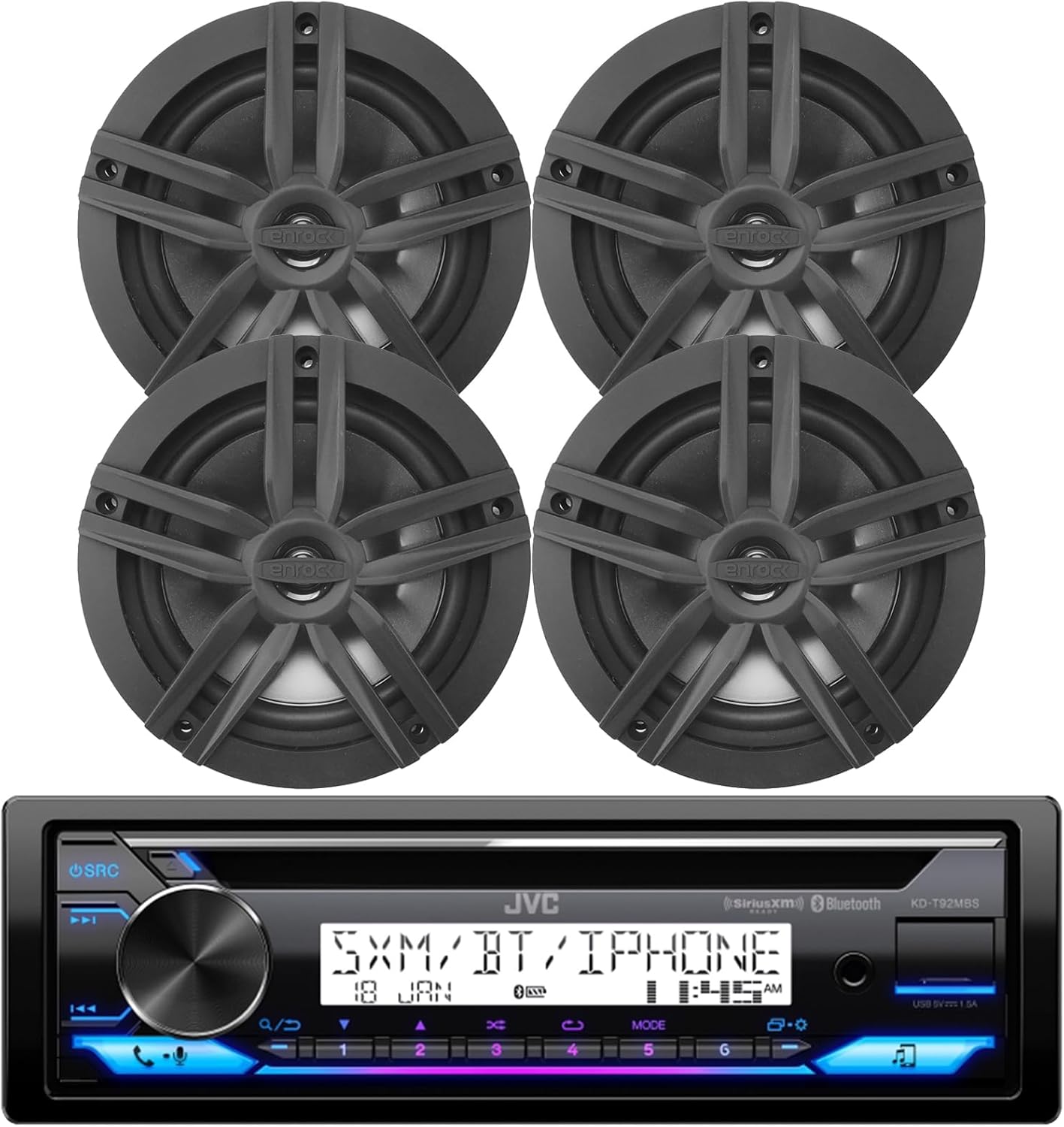 JVC Single DIN Marine Motorsports Bluetooth USB AUX AM/FM CD Stereo Receiver, 4X 6.5 180 Watt Peak Power 2-Way Black Speakers