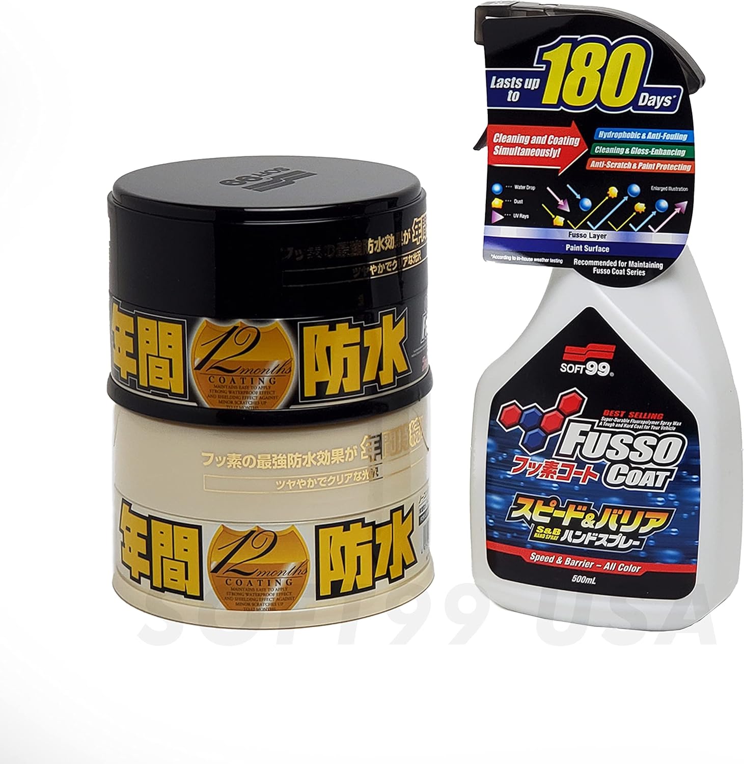 SOFT99 Fusso Coat 12 Months Waterproof Coat Detailing 200g Dark Color, Light Color, and Fusso Coat Speed & Barrier Hand Spray All Color_500ml_Bundle Package