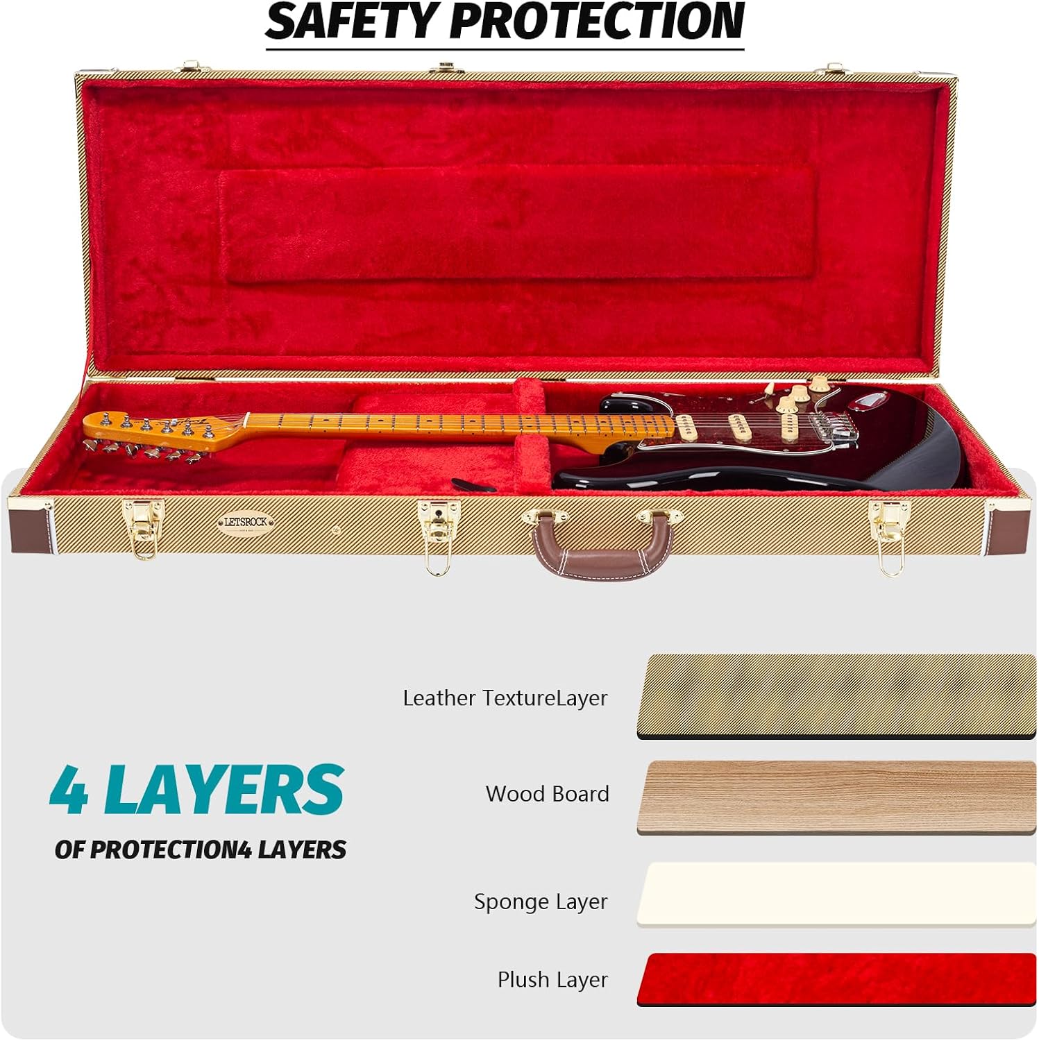 LETSROCK Electric Guitar Hard Shell Case, 39 Inch Standard Electric Guitar Hard Carrying Case for KST/KTL/170 Model with Lock Latch