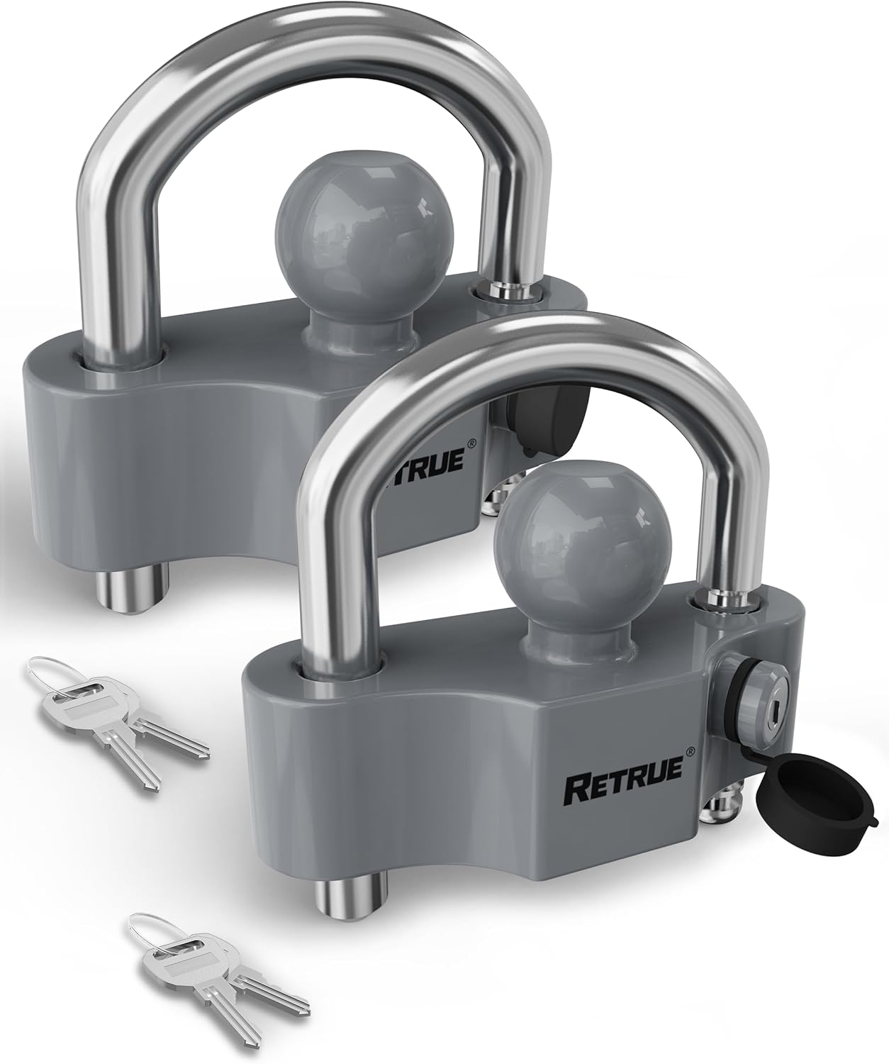 RETRUE Universal Coupler Lock Trailer Locks Ball Hitch Trailer Hitch Lock Adjustable Security Heavy-Duty Steel Fits 1-7/8 Inch, 2 Inch, 2-5/16 Inch Couplers (Gray & Silver, Pack of 2)