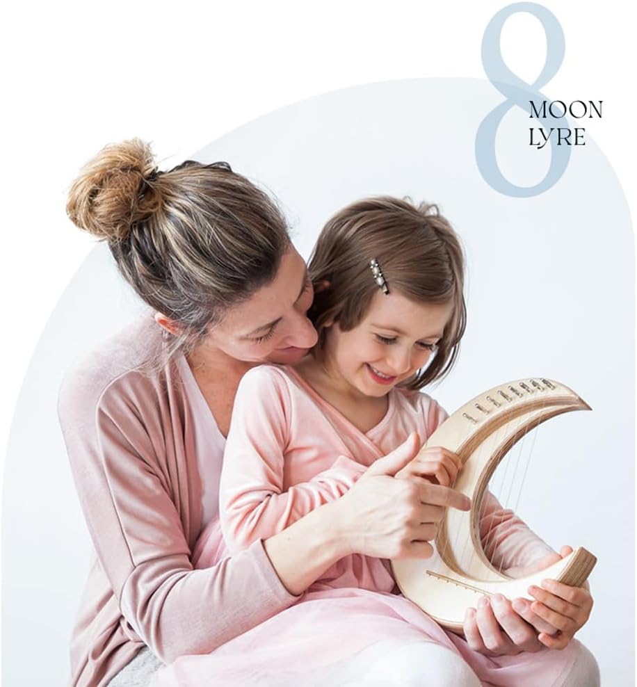 Lyre Harp, Portable Harp Strings Instrument, Wooden Harp, with Tuning Wrench Spare String Anti Slip Pad String Column Cover Wood Chips,Moon Shape (Wood Color & 8 Strings)