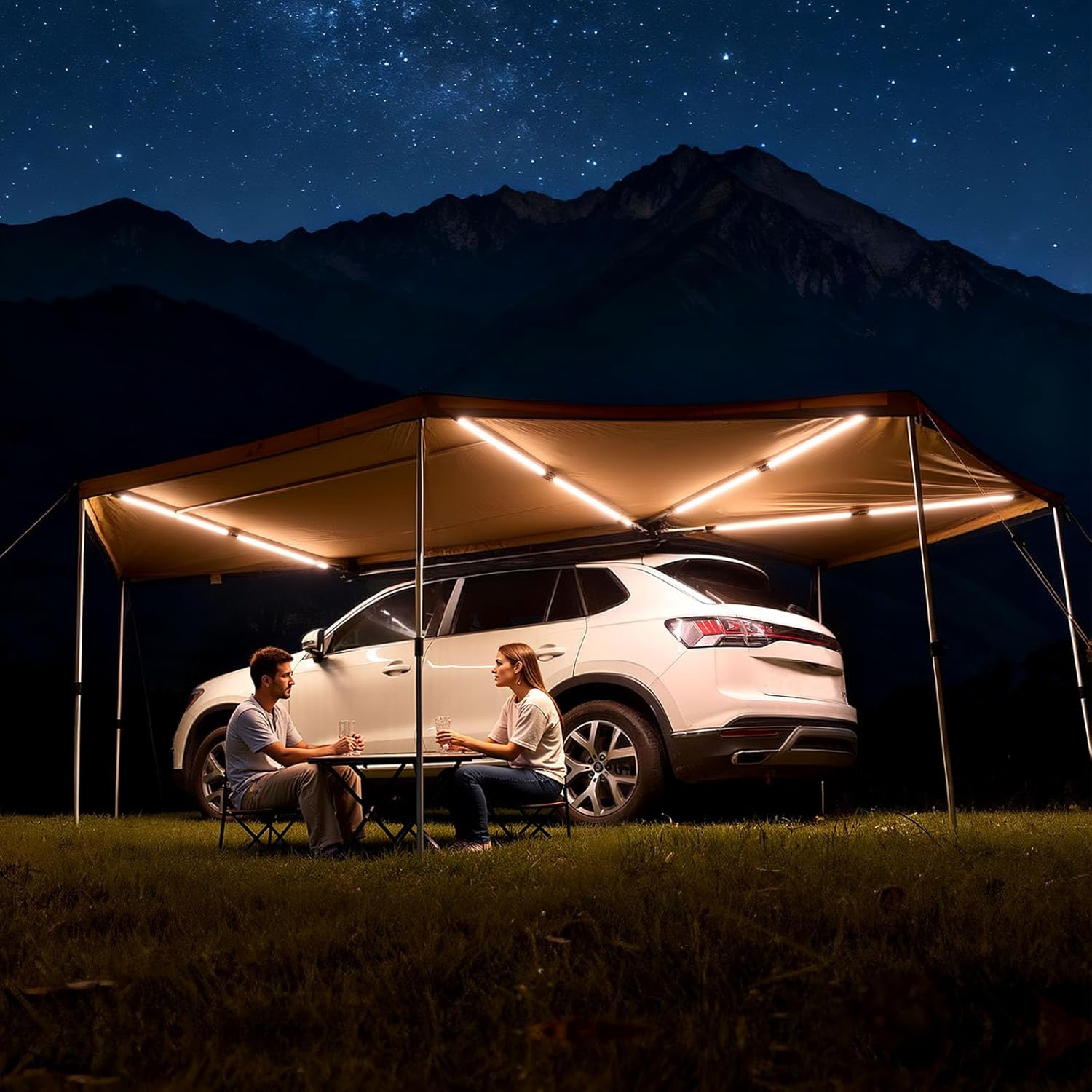 VEVOR 270 Degree Awning with Bulit-in LED Lights, 133 sq.ft Driver Side Vehicle Awning, Waterproof UV50+ Car Side Awnings, All-Weather Free-Standing Overland Awnings Car Shelter for SUV Truck Camping