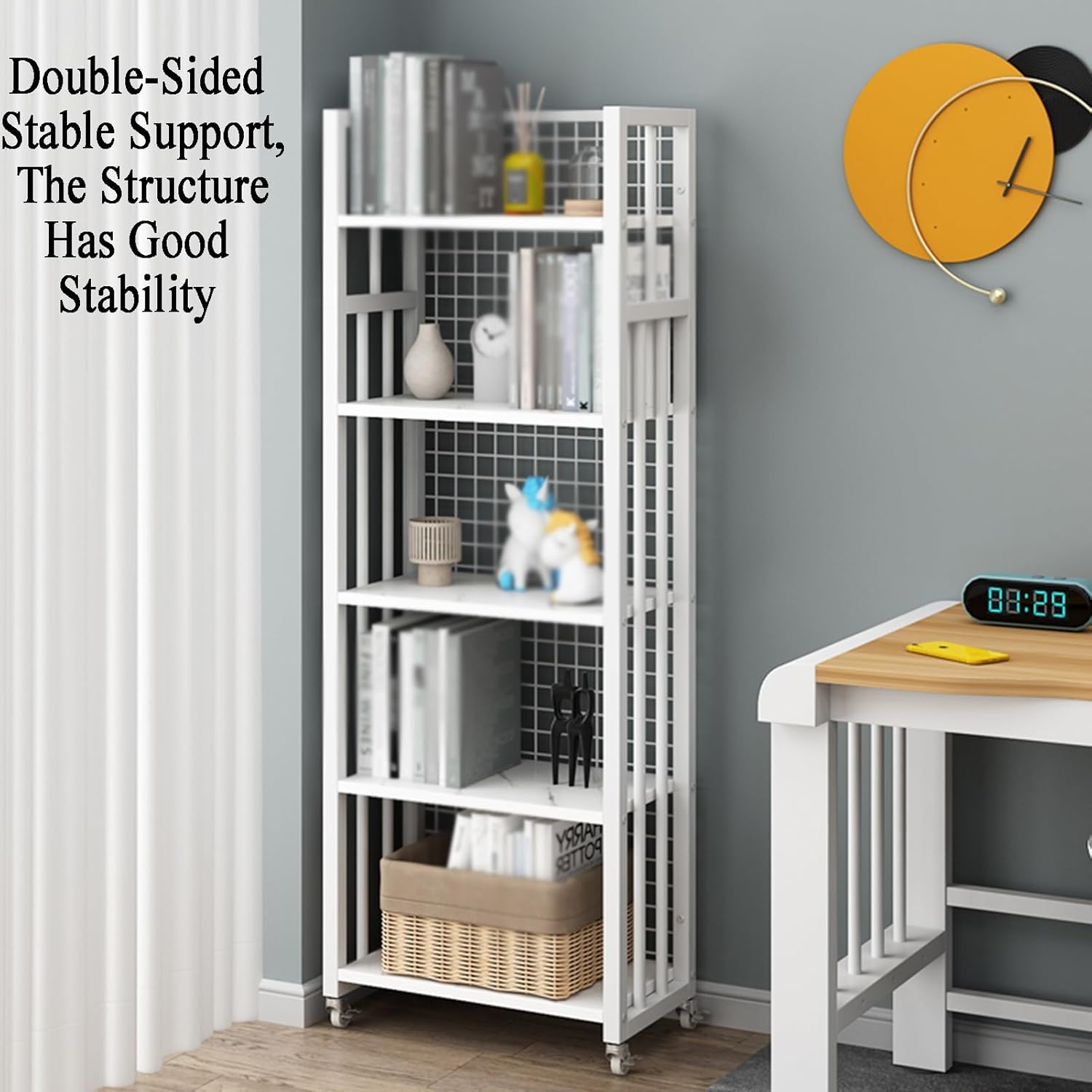 4 Cube Bookshelf, Home Multi-Layer Side Table with Wheels,for Living Room, Study Room, Reading Corner (44.5 X 22 X 120cm)(Black+Black) (White+Light Walnut One Size)