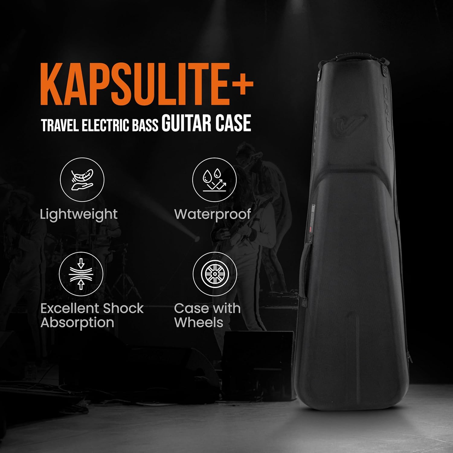 Gruv Gear Kapsulite+ Travel Electric Bass Case with Wheels, Neck Support Cradle & Global Recovery Tag - Gig Bag with Waterproof Exo-Shell, Expandable Top Pocket & Removable Storage Case - Black