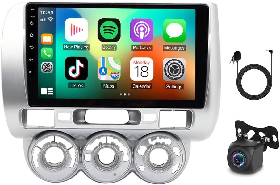 4+64G 9in Car Stereo for Honda Fit Jazz 2004-2010 w/GPS 2009 2008 2007 2006 2005 with Carplay Android 14 Auto Car Radio with WiFi Bluetooth FM/RDS SWC Mirror Link Split Screen + AHD Backup Camera