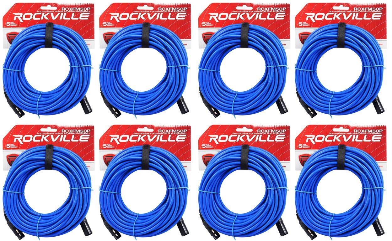 Rockville (8 RCXFM50P-BL Blue 50' Female to Male REAN XLR Mic/Speaker Cable