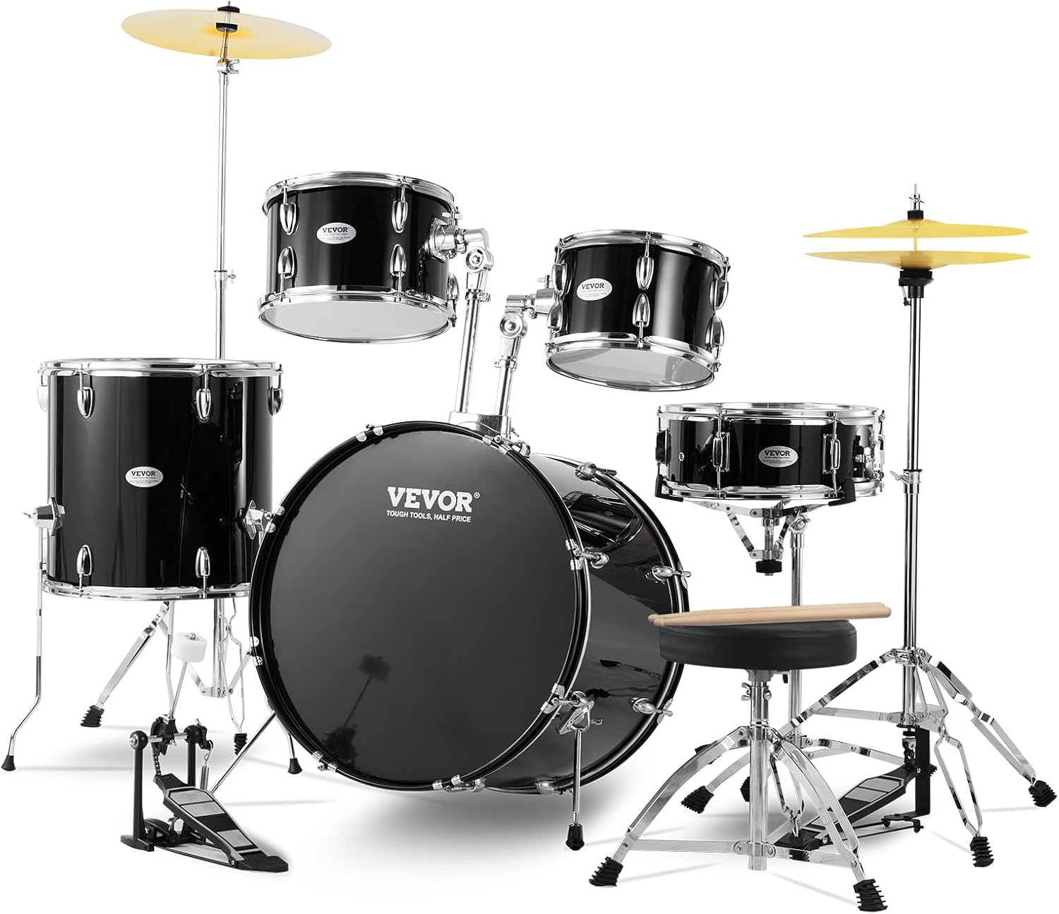 VEVOR Adult 5-Piece Drum Set, 22 Inches Complete Full Size Kit with Bass, Toms, Snare, Floor, Adjustable Throne, Stands, Cymbal, Hi-Hat Pedal and Drumsticks, Black