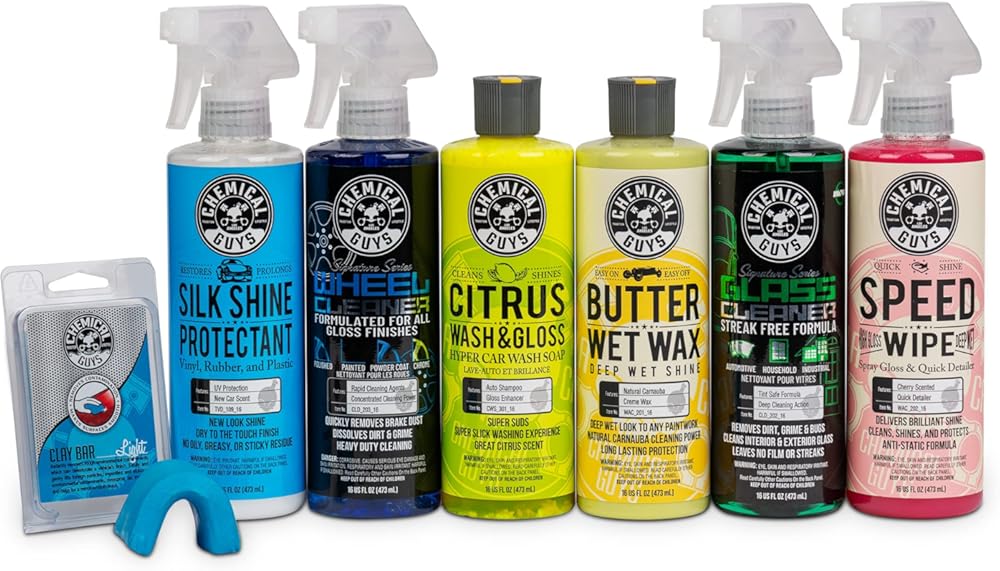Chemical Guys Starter Car Care & Cleaning Kit, 7-Piece Detailing Car Wash Kit with 6 Premium 16 oz Care Chemicals and Accessories for Washing, Waxing, and Interior Cleaning