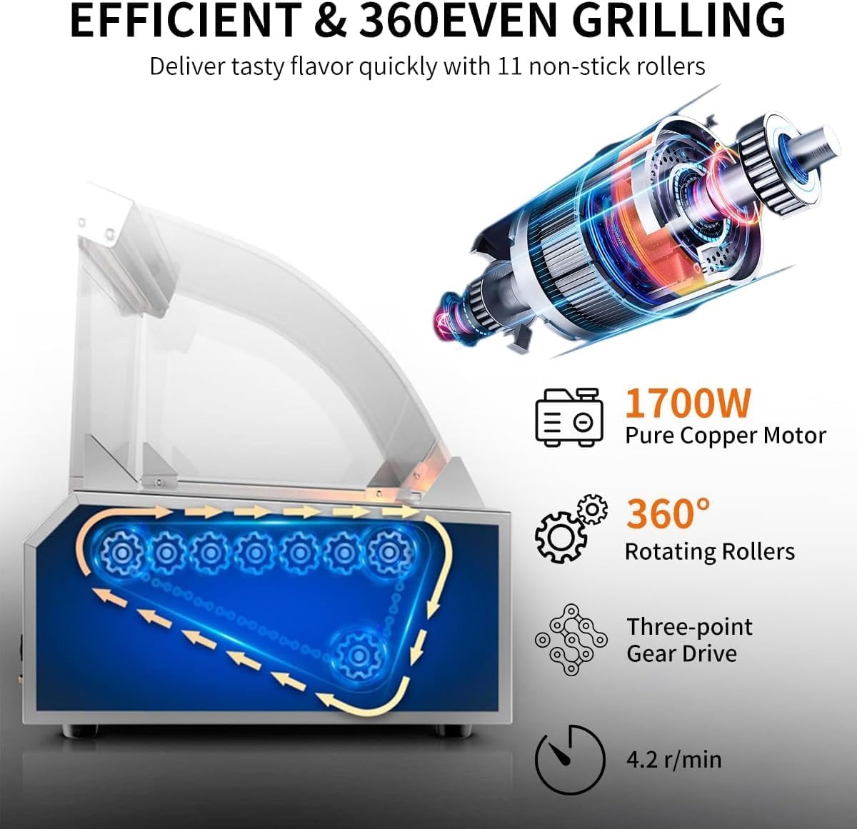 1670W 11-Roller Hot Dog Machine，Holds 30 Hot Dogs，Non-Stick & Stainless Steel，for Parties, Events & Food Stalls