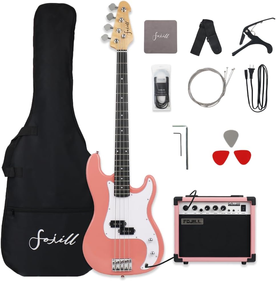 Fojill Full Size 4 Four String Electric Bass Guitar 20W Amplifier Amp Right Hand Beginner Starter Kit Set Combo Bundle Accessory Gig Bag,Strap,Picks,Capo,Noiselss Cable,Strings (Pink)