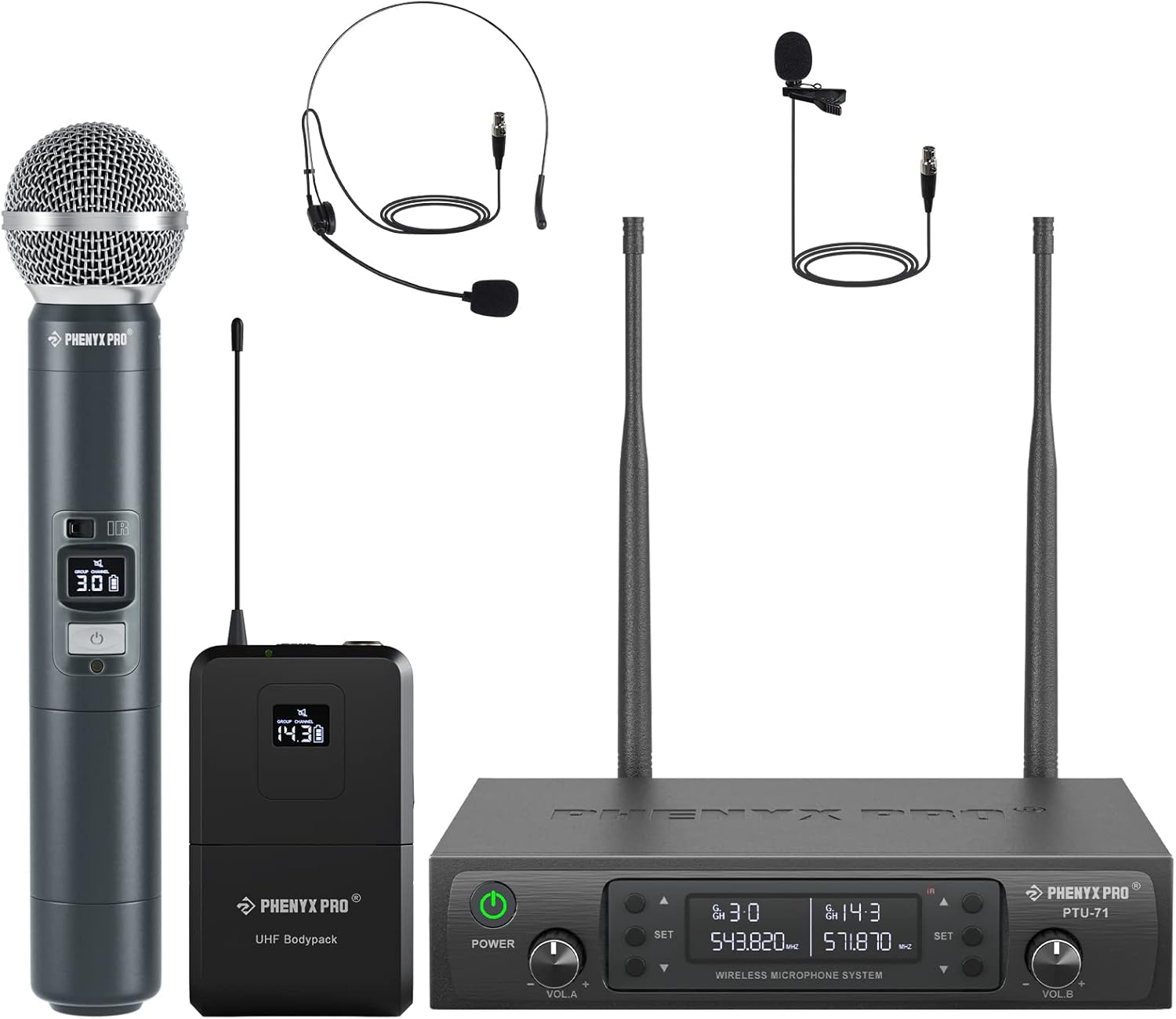 Phenyx Pro Wireless Microphone System, Dual Mic Set with Handheld/Bodypack/Lapel Mics,Auto Scan, 2x100 UHF Frequencies,328ft Range,Cordless Microphone for Singing, Karaoke, Church(PTU-71-1H1B)
