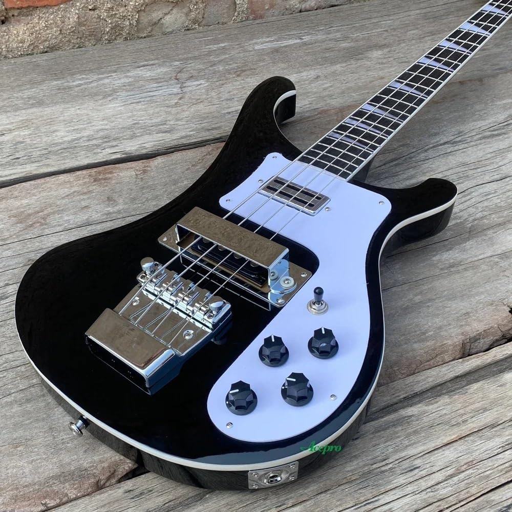 4-String Electric Bass Guitar - Sleek Black Gloss Finish, 22-Fret Rosewood Fretboard