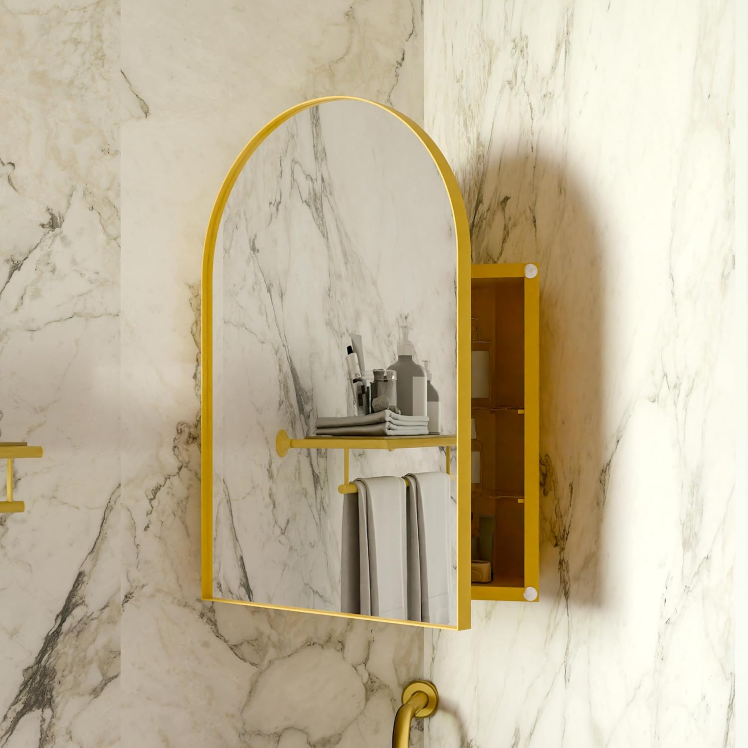 Space-Saving Metal Corner Medicine Cabinet with Arched Mirror & Adjustable Glass Shelves – Wall-Mounted Bathroom Storage Organizer for Small Spaces (Golden)