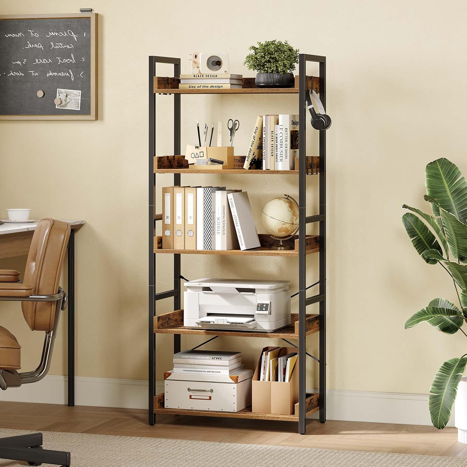 Rolanstar Bookshelf 5 Tier with 4 Hooks, Industrial Wood Bookcase, Vintage Storage Rack with Open Shelves, Rustic Standing Bookshelves Display Rack for Living Room, Bedroom, Rustic Brown