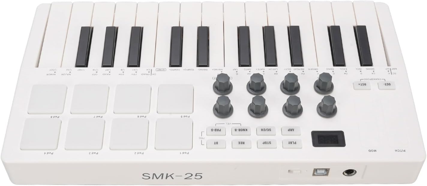 ZJchao 25 Key Portable MIDI Keyboard Controller with 8 Backlit Drum Pads for Music Production ABS Silicone Black