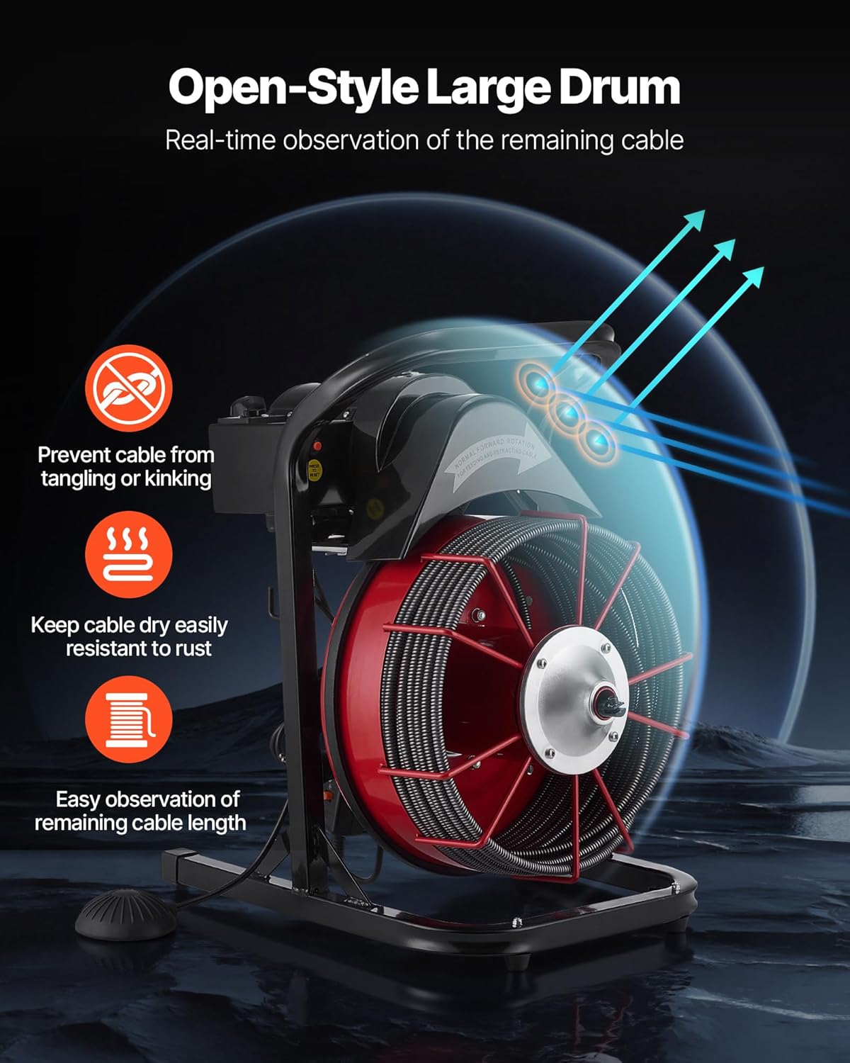 VEVOR Drain Cleaner Machine 50 FT x 1/2 Inch, Sewer Snake Auger Manual Feed with 4 Cutters & Air-activated Foot Switch for 2