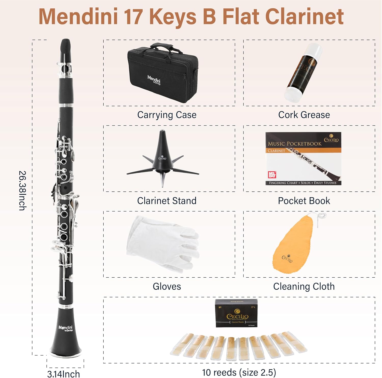 Mendini By Cecilio B Flat Clarinet for Beginner, Ebonite Bb Clarinet with 10 Reeds, Mouthpiece, Cork Grease, Gloves, Cleaning Cloth, Hard Case, Pocketbook, Stand (Black)