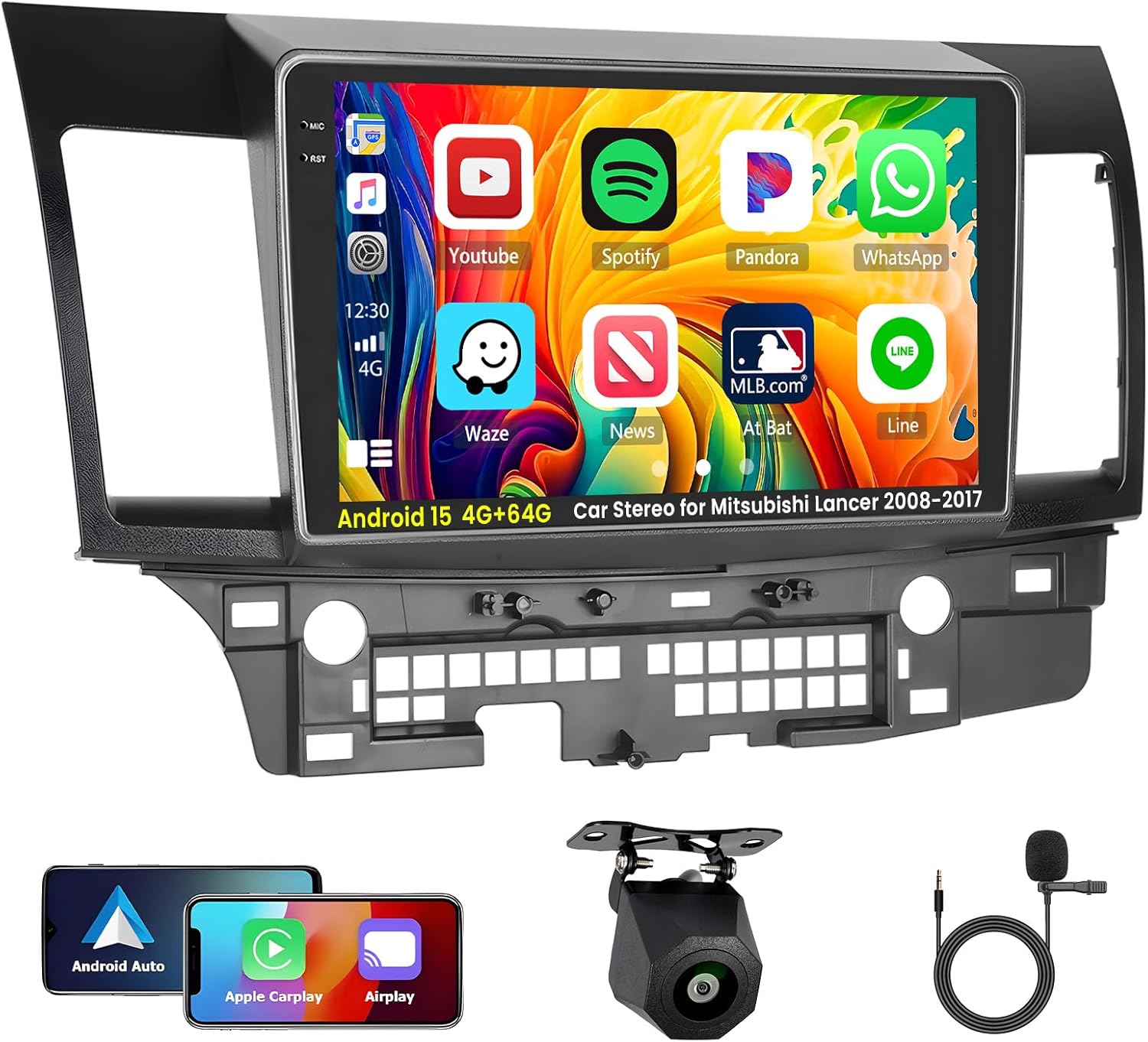 [4G+64G] Android 15 Car Stereo for Mitsubishi Lancer 2008-2017 with Wireless Carplay/Android Auto, 10 Inch HD Touch Screen Car Radio with GPS Bluetooth WiFi FM/RDS EQ SWC Backup Camera MIC