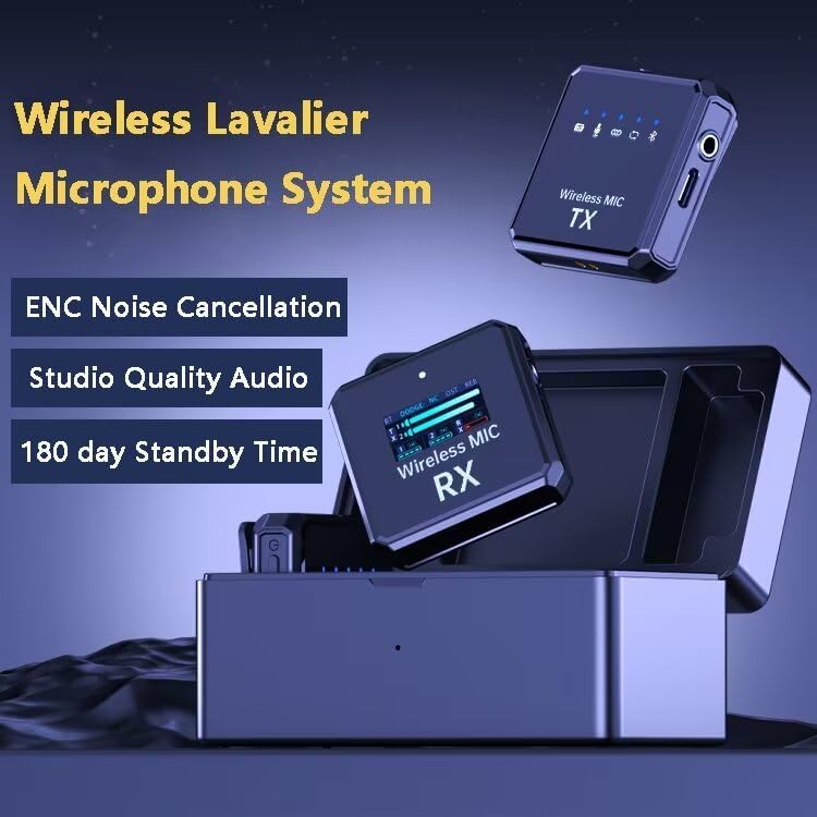 Wireless Lavalier Microphone, with Noise Cancellation，Auto-Dodge, Reverb Mode,3000mA Charging Case, for iPhone,iPad,Android,Camera,2 Pack Wireless Lavalier Clip Mics Live Streaming