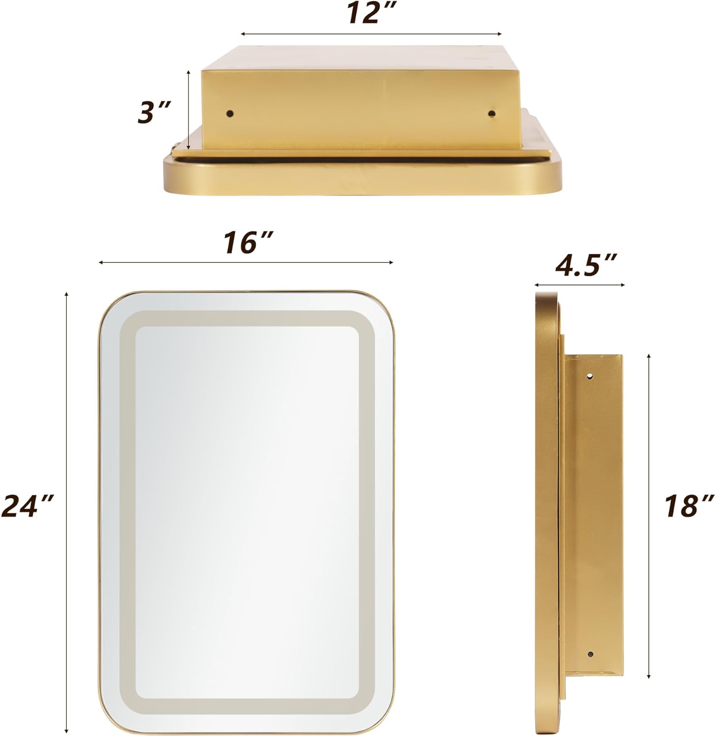 SogesGame LED Medicine Cabinet, 16 x 24 Inch Bathroom Medicine Cabinet with Adjustable Shelves, Recessed or Wall Mount, Wall Mounted Deep Metal Framed Rounded Corner, Gold