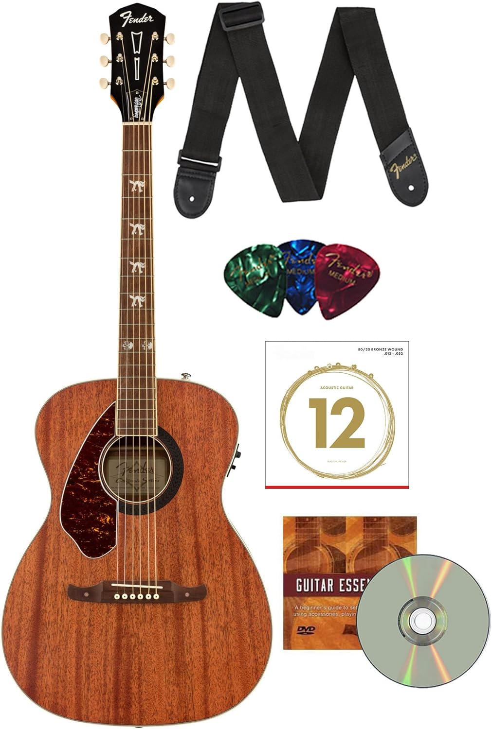 Fender Tim Armstrong Hellcat Concert Acoustic-Electric Guitar - Left-Handed Natural Bundle with Strings, Strap, Picks, and Austin Bazaar Instructional DVD