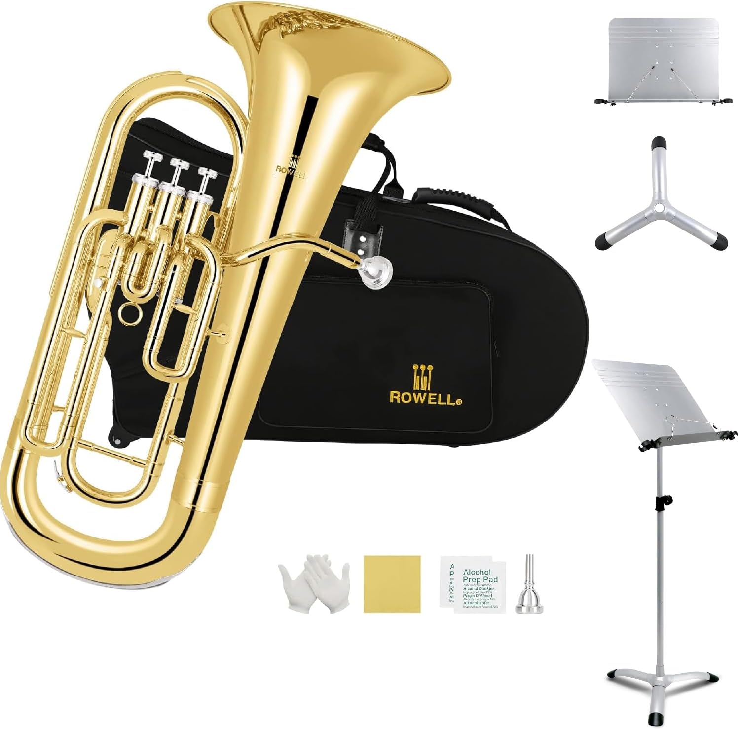 ROWELL Euphonium 3 Valves Bb Brass Lacquer Gold with Music Stand (Gray)