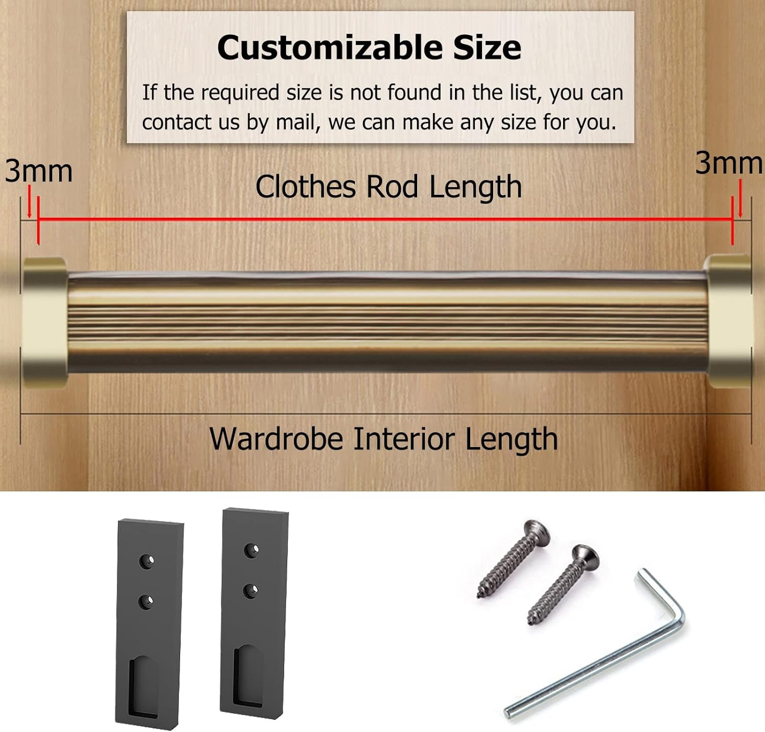 Gold Wall Mount Closet Rod 20 to 60 Inch, Metal Heavy Duty Wardrobe Pole Clothes Rack for Cabinet Corner, Laundry Room & Balcony, Window Curtain Bar, Load 100KG