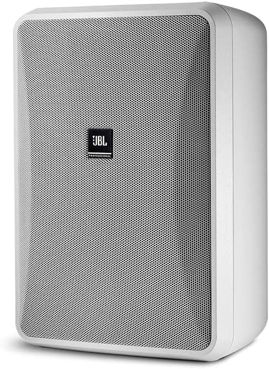 JBL Professional CONTROL 28-1-WH wall-mounted indoor, outdoor speaker, broad sound coverage, 8 inch, 120 watt at 8Ω, high output background, foreground weatherproof speaker. Sold as a Pair. White.