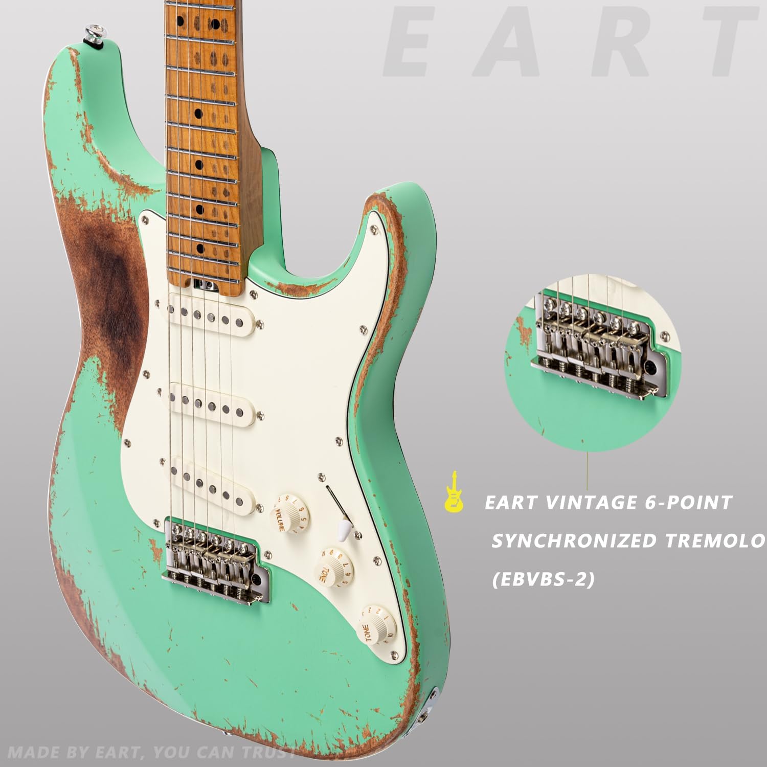 EART Vintage-VS60HM 6 String Medium Relic Solid-Body Size Roasted Canada Maple Relic Finish VS60 Pickups 6-Point Synchronized Tremolo Bridge Electric Guitar for Blues, Classics,Right Hand