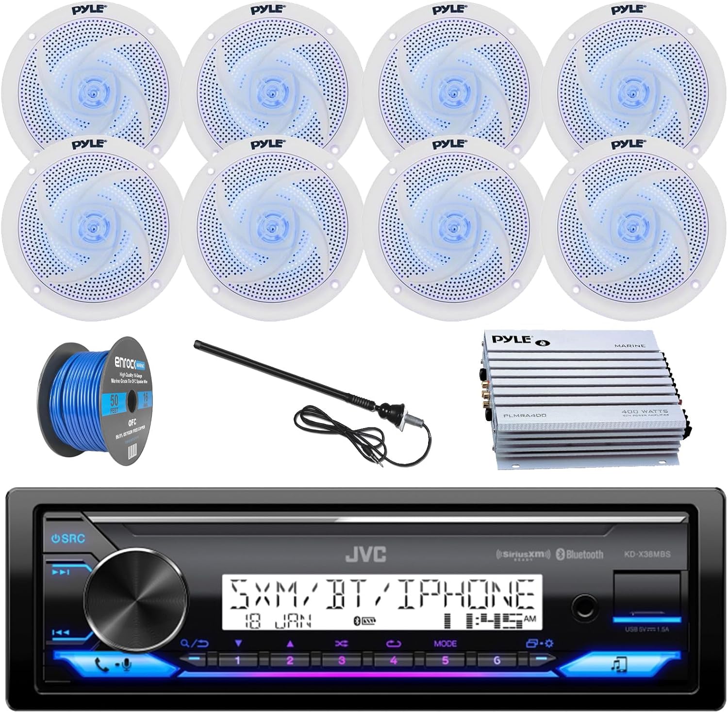 Single DIN Marine Bluetooth USB AUX Stereo Player Receiver Bundle Combo with 8X 5.25 White Waterproof Blue Flashing LED Speakers 400-Watt Car/Marine Amplifier, Radio Antenna, 50ft 16g Speaker Wire